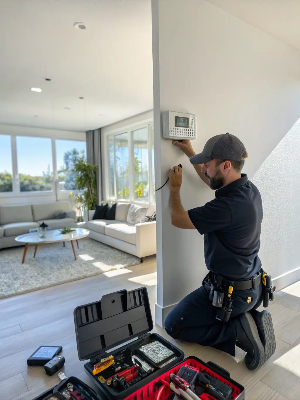 A security technician installing a wireless alarm system in a residential living room, demonstrating the ease and flexibility of modern alarm systems.