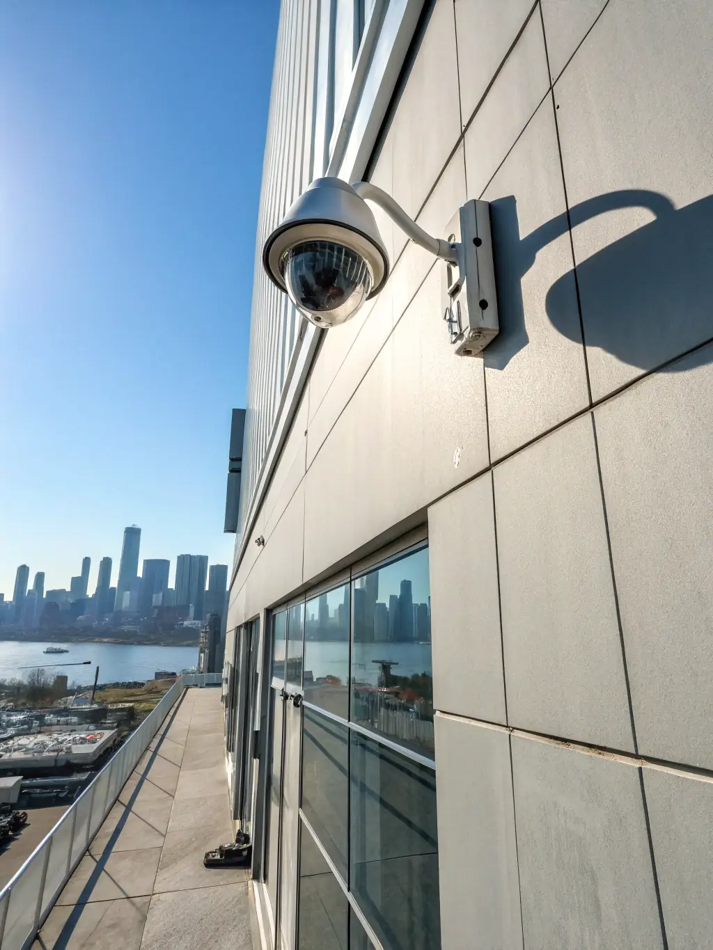 A high-resolution surveillance camera discreetly mounted on a commercial building, capturing a wide view of the surroundings.